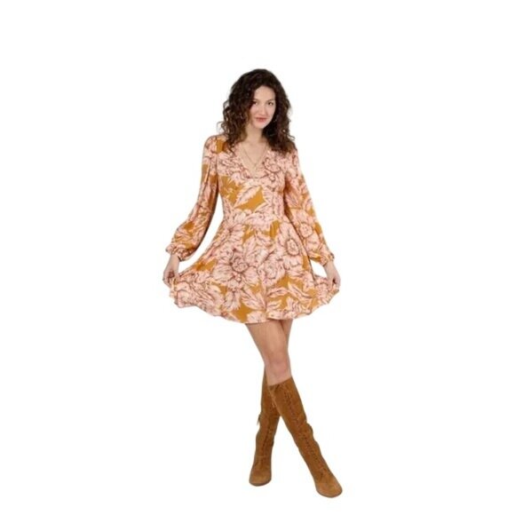 NWT Small Band of the Free Boho Chic Long Sleeve Floral Dress Heather Gold - Picture 1 of 14